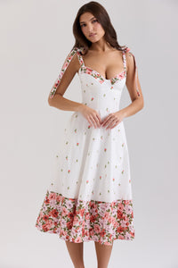 Damen Midi Kleid mit Herzausschnitt Bindeträgern und Blumenmuster - Weiß
