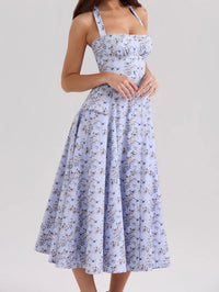 Damen Midi Kleid mit Neckholder Trägern Schleifenbindung A Linien Rock und Blumenmuster - Blau