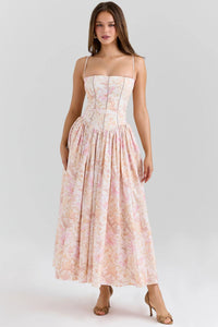 Damen Midi-Kleid mit Spaghettiträgern und Korsett-Nähten am Oberteil - Rosa mit großen Blumen
