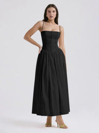 Damen Midi-Kleid mit Spaghettiträgern und Korsett-Nähten am Oberteil - Schwarz