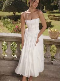 Damen Midi-Kleid mit Spaghettiträgern und Korsett-Nähten am Oberteil - Weiß