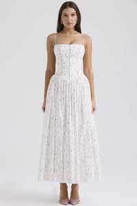 Damen Midi-Kleid mit Spaghettiträgern und Korsett-Nähten am Oberteil - Weiß mit Druck