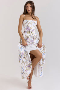 Damen Midi-Kleid mit Spaghettiträgern und Korsett-Nähten am Oberteil - Weiß mit großen Blumen