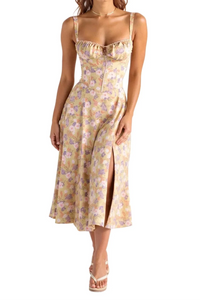 Damen Midikleid im Korsettstil mit Blumenmuster - Gelb