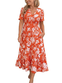 Damen Midikleid mit Blumenmuster und V-Ausschnitt - Orange
