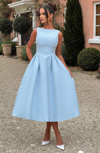Damen Midikleid mit Bootsausschnitt V Taillennaht und Weitem Faltenrock - Blau