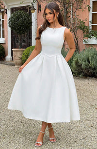 Damen Midikleid mit Bootsausschnitt V Taillennaht und Weitem Faltenrock - Weiß