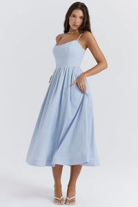 Damen Midikleid mit geradem Ausschnitt und Spaghettiträgern mit Taillenaht und weitem Rock - Blau