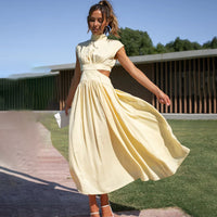 Damen Midikleid mit gerafftem Oberteil Kappenärmeln und seitlichen Taillenausschnitten - Gelb
