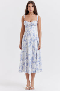 Damen Midikleid mit Herzausschnitt und breiten Trägern mit Ziernähten am Oberteil und Blumenmuster - Blau