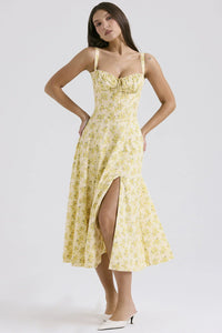 Damen Midikleid mit Herzausschnitt und breiten Trägern mit Ziernähten am Oberteil und Blumenmuster - Gelb