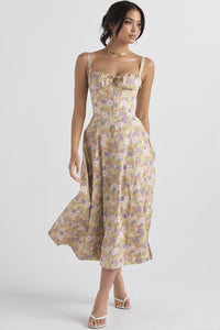 Damen Midikleid mit Herzausschnitt und breiten Trägern mit Ziernähten am Oberteil und Blumenmuster - Khaki