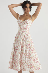 Damen Midikleid mit Herzausschnitt und breiten Trägern mit Ziernähten am Oberteil und Blumenmuster - Weiß
