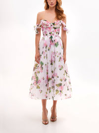 Damen Midikleid mit Herzausschnitt und Rüschenärmeln mit Schnürung am Rücken und Blumenmuster - Weiß mit Blumenmuster