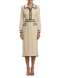 Damen Midikleid mit Knopfleiste und Kragen - Beige