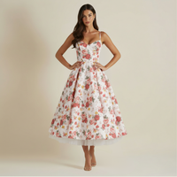 Damen Midikleid mit Korsettoberteil und schmalen Trägern - Weiß / Floral