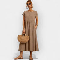 Damen-Midikleid mit kurzen Ärmeln und Seitentaschen - Braun