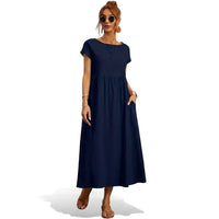 Damen-Midikleid mit kurzen Ärmeln und Seitentaschen - Marineblau
