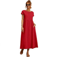 Damen-Midikleid mit kurzen Ärmeln und Seitentaschen - Rot