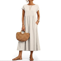 Damen-Midikleid mit kurzen Ärmeln und Seitentaschen - Weiß