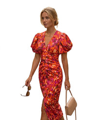 Damen-Midikleid mit Puffärmeln - Orange
