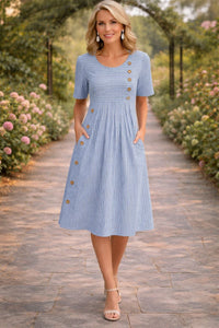Damen Midikleid mit Rundhalsausschnitt kurzen Ärmeln Streifenmuster und Seitentaschen - Blau