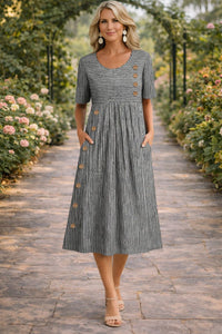 Damen Midikleid mit Rundhalsausschnitt kurzen Ärmeln Streifenmuster und Seitentaschen - Schwarz