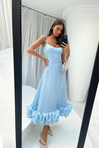 Damen Midikleid mit Spaghettiträgern Gerader Halspartie und Rüschensaum - Blau