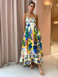 Damen Midikleid mit Spaghettiträgern und Karree-Ausschnitt mit abstraktem buntem Muster und A-Linien-Rock - Weiß mit Muster