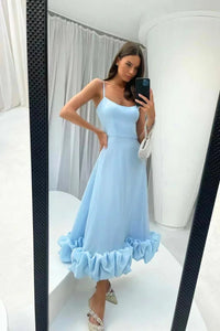 Damen-Midikleid mit Spaghettiträgern und Rüschensaum - Blau