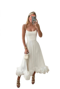 Damen-Midikleid mit Spaghettiträgern und Rüschensaum - Weiß