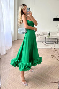 Damen-Midikleid mit Spaghettiträgern und Rüschensaum - Grün