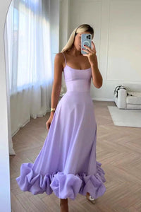 Damen-Midikleid mit Spaghettiträgern und Rüschensaum - Violett