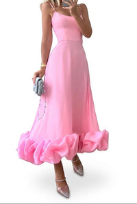 Damen-Midikleid mit Spaghettiträgern und Rüschensaum - Rosa