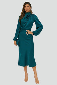 Damen Midikleid mit Stehkragen und langen Ärmeln - Dunkelgrün