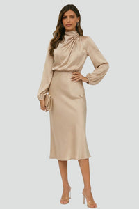 Damen Midikleid mit Stehkragen und langen Ärmeln - Beige