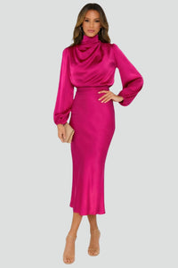 Damen Midikleid mit Stehkragen und langen Ärmeln - Rosa