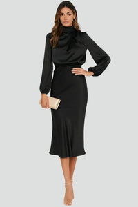 Damen Midikleid mit Stehkragen und langen Ärmeln - Schwarz