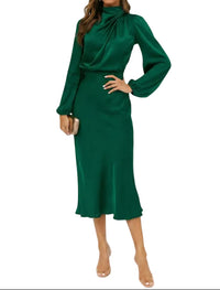 Damen Midikleid mit Stehkragen und langen Ärmeln - Grün