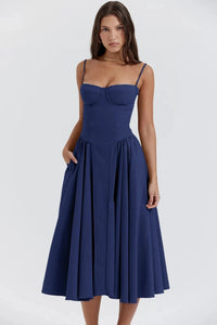 Damen Midikleid mit Trägern und strukturiertem Oberteil - Marineblau