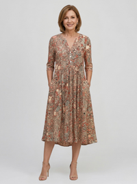 Damen Midikleid mit V-Ausschnitt Dreiviertelärmeln und Blumenmuster - Braun
