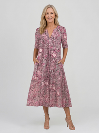Damen Midikleid mit V-Ausschnitt Dreiviertelärmeln und Blumenmuster - Rosa