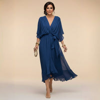 Damen-Midikleid mit V-Ausschnitt und Bindegürtel - Blau