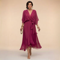 Damen-Midikleid mit V-Ausschnitt und Bindegürtel - Dunkellila