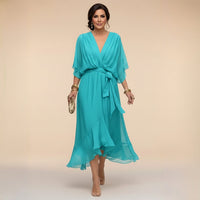 Damen-Midikleid mit V-Ausschnitt und Bindegürtel - Marineblau
