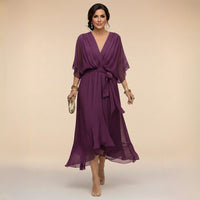 Damen-Midikleid mit V-Ausschnitt und Bindegürtel - Lila
