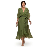 Damen-Midikleid mit V-Ausschnitt und Bindegürtel - Grün