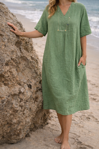 Damen-Midikleid mit V-Ausschnitt und Seitentaschen - Dunkelgrün