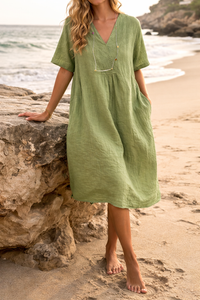Damen-Midikleid mit V-Ausschnitt und Seitentaschen - Grün
