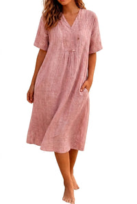 Damen-Midikleid mit V-Ausschnitt und Seitentaschen - Rosa